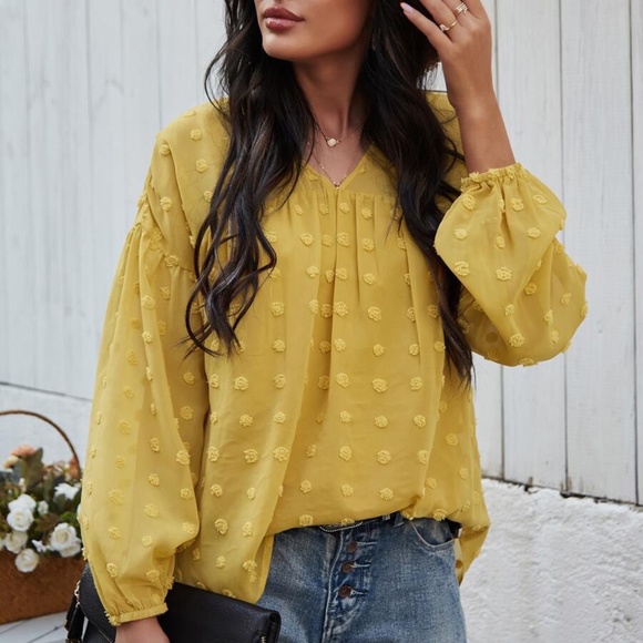 Tops - v neck mustard spring dot top bishop sleeve boho